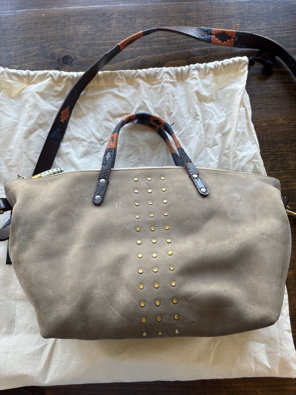 Kempton & Co. Taupe Leather Tote with Stud Accents and Patterned Strap - Picture 2 of 5